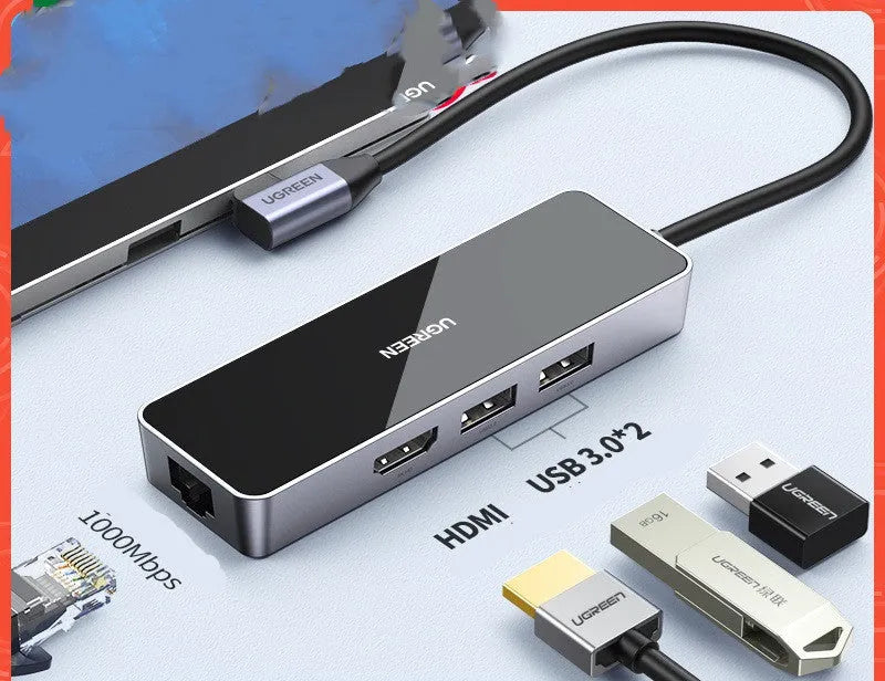 Space Gray 4-in-1 USB 3.0 hub adapter with HDMI, Gigabit Ethernet, and two USB ports on a 0.2m cable