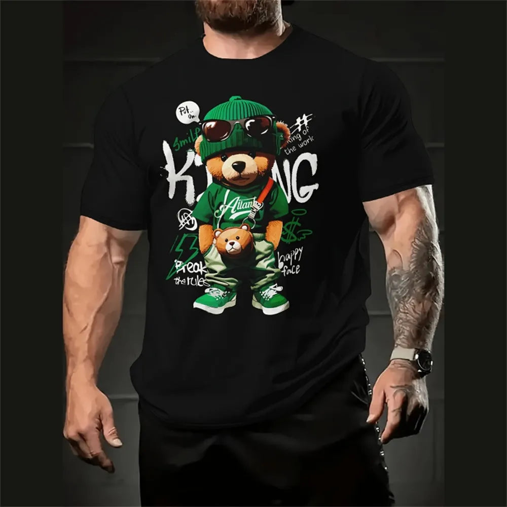 Man wearing a loose-fit short sleeve t-shirt with a colourful 3D printed cartoon design.