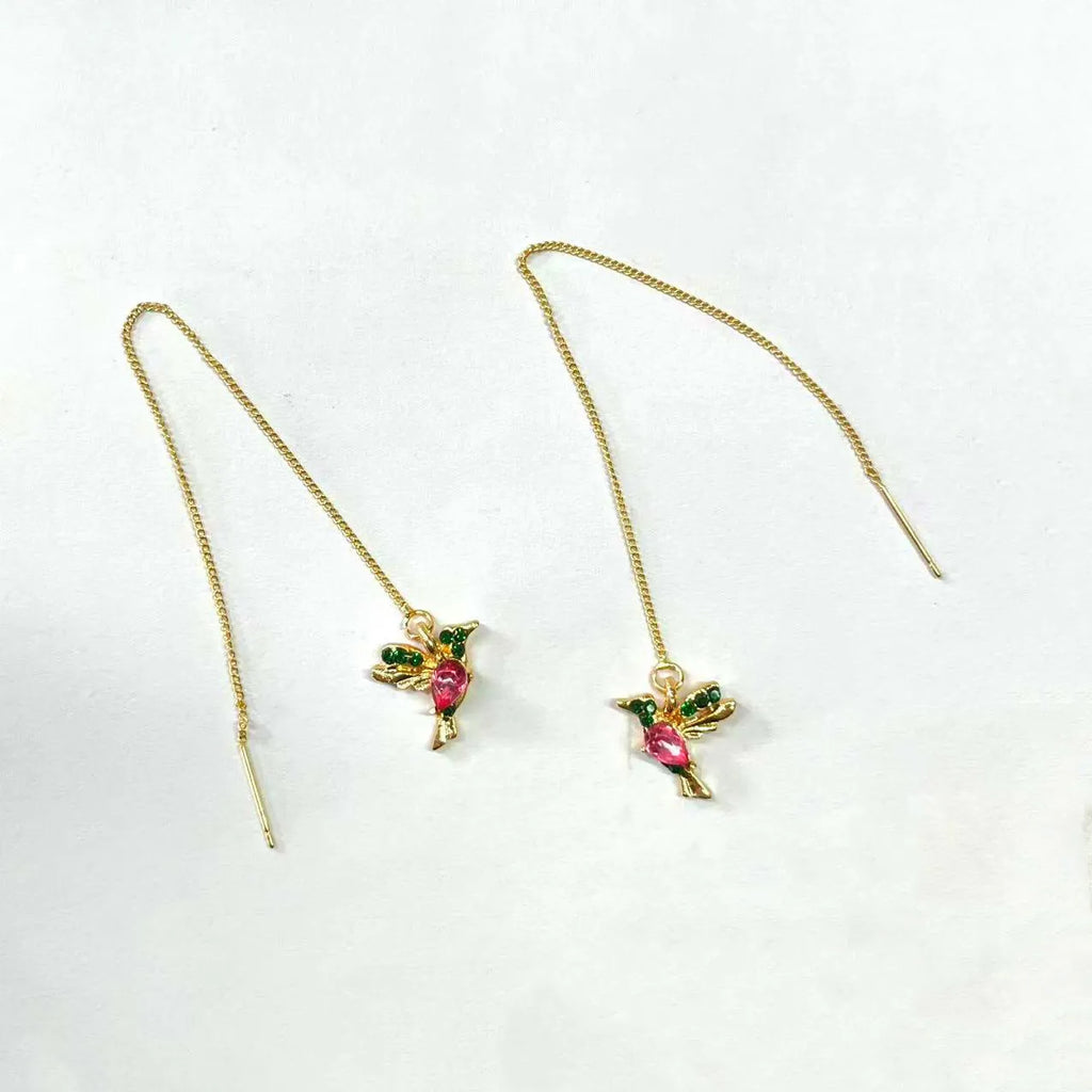 Long drop bird-themed earrings for women with mixed zirconium wings, in red, blue or red lvzuan finish.