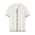 White short sleeve cardigan with contrasting lapels laid flat