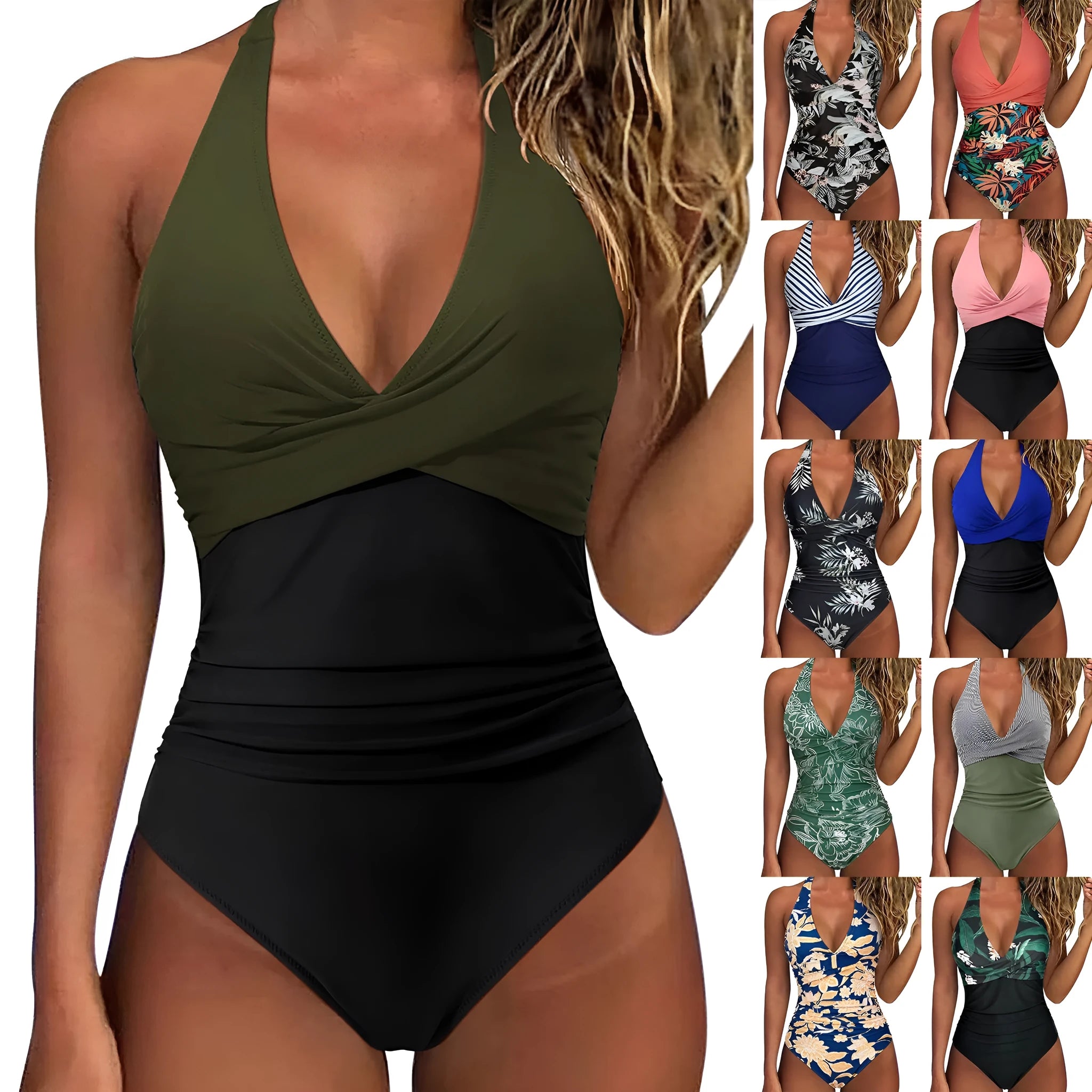 Women's high-waisted backless swimsuit with front lace-up detail in a multicolor floral pattern.