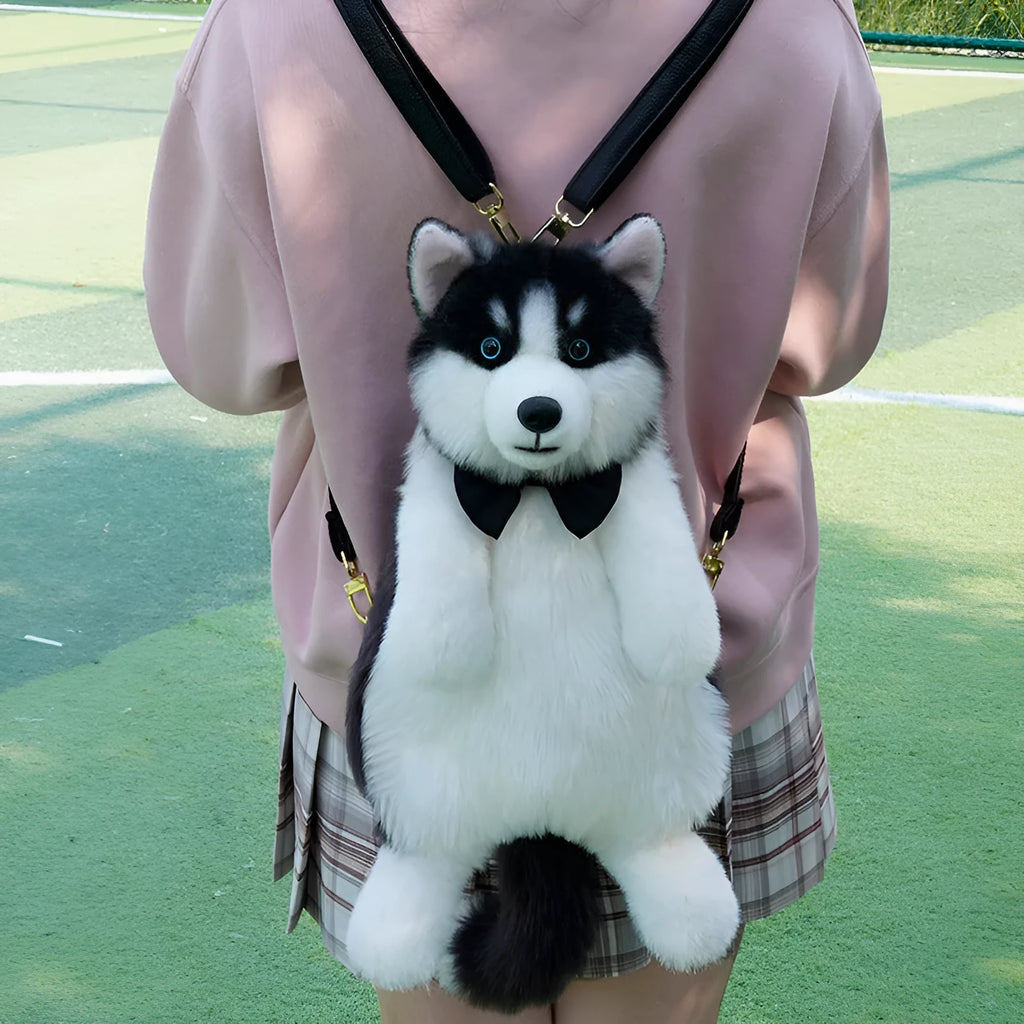 Husky plush simulation bag toy with a scarf in a colour gift box
