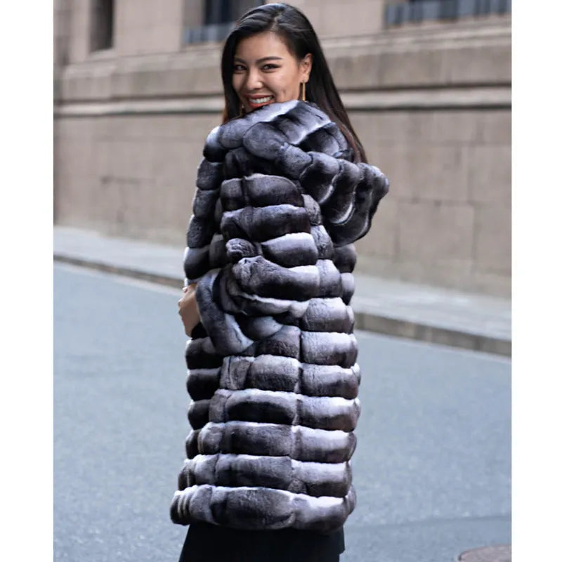 Women's zebra stripe faux mink overcoat with regular sleeves and medium length