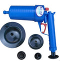 Manual plastic high-pressure drain blaster gun with four suction cup adaptors for unblocking sinks and toilets.