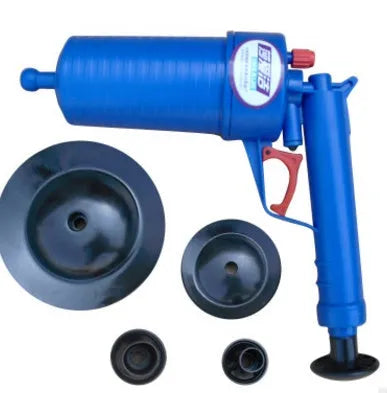 Manual plastic high-pressure drain blaster gun with four suction cup adaptors for unblocking sinks and toilets.