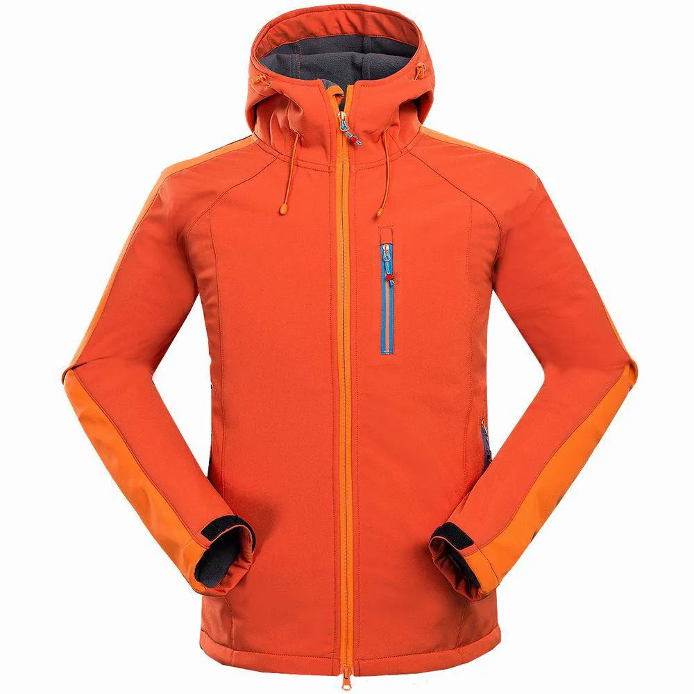 Men's outdoor mountaineering camping soft shell jacket – polyester, windproof, waterproof, in black, blue, orange – sizes S to XXL