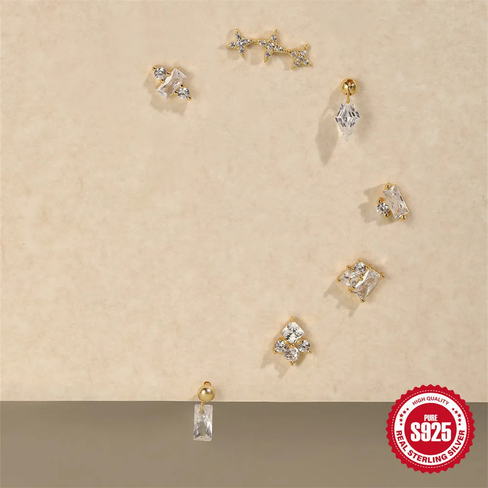 S925 sterling silver flower stud earrings with square gravel setting in golden electroplated finish