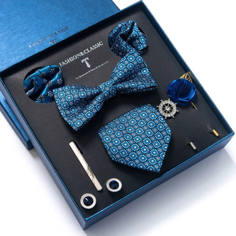 Men's 8-piece rayon jacquard bow tie set, heart shape arrow style, monochrome pattern, 146cm length