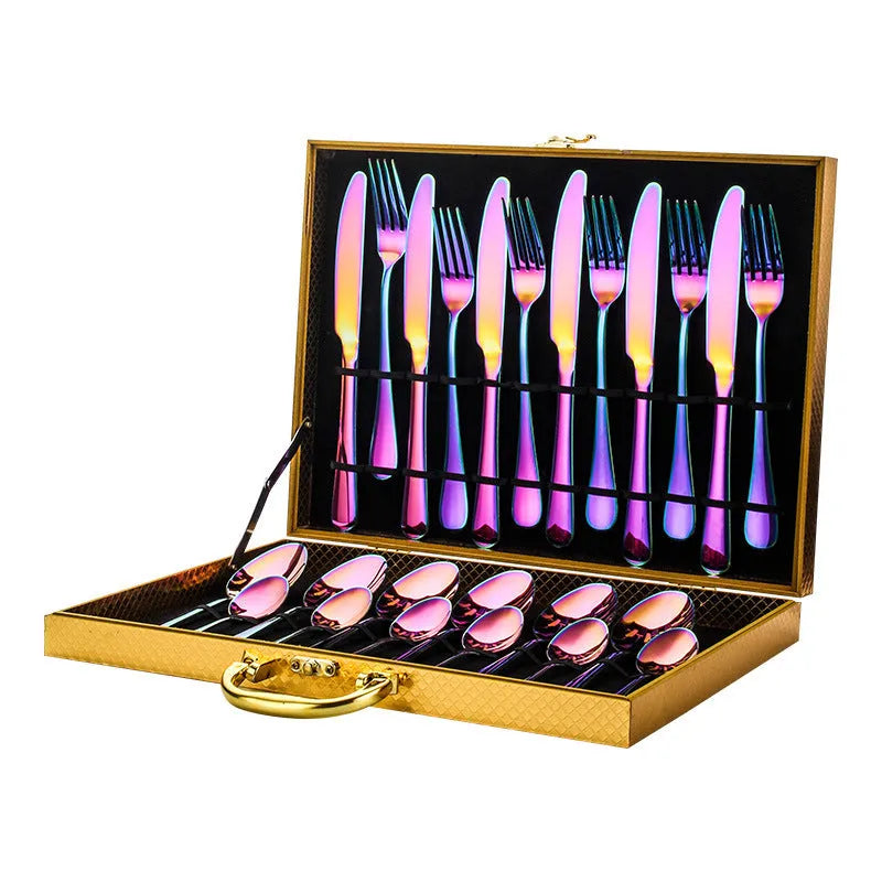 24-piece stainless steel cutlery set for six place settings showing knife, fork, and spoon options in different colour finishes.
