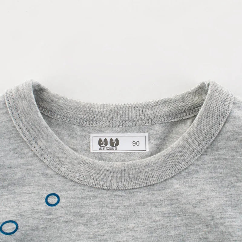 Grey children's cotton T-shirt with a printed graphic design on the front.