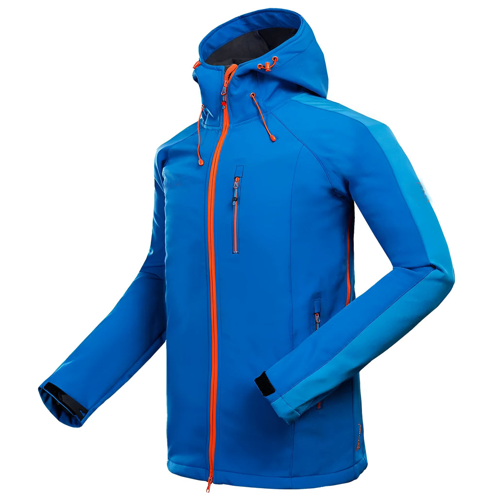 Men's outdoor mountaineering camping soft shell jacket – polyester, windproof, waterproof, in black, blue, orange – sizes S to XXL