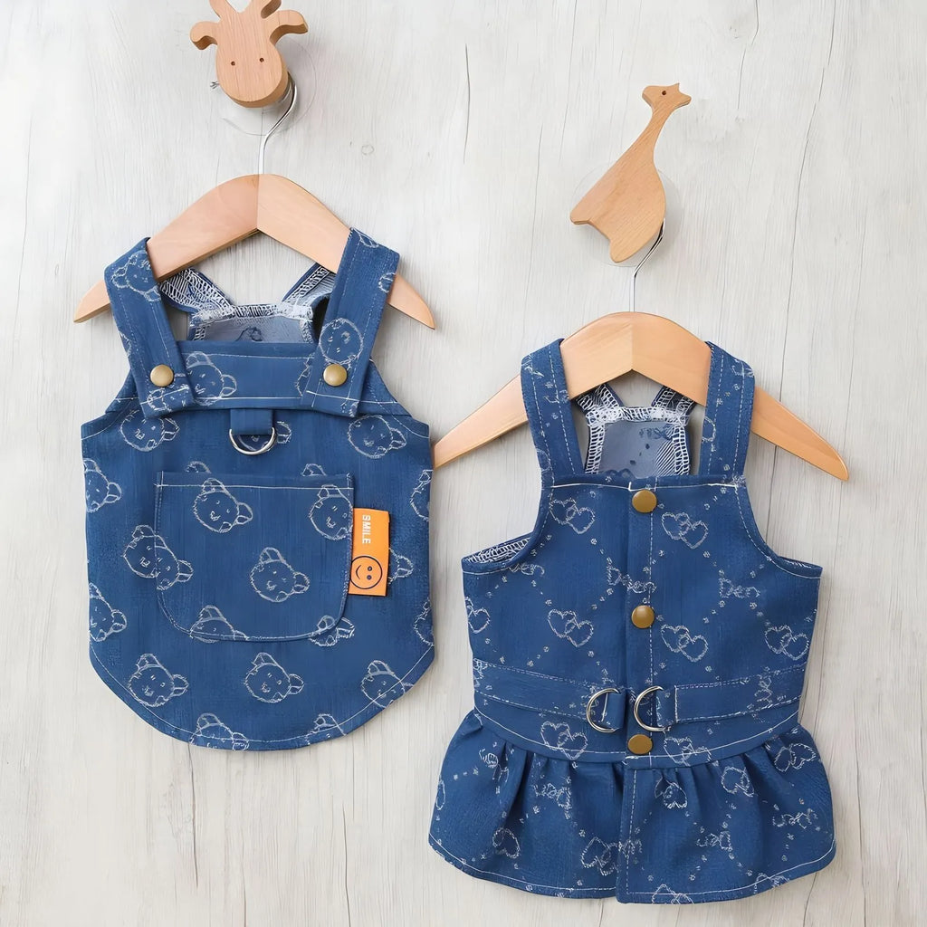 Denim princess dress for small dog with bracket skirt design in blue denim