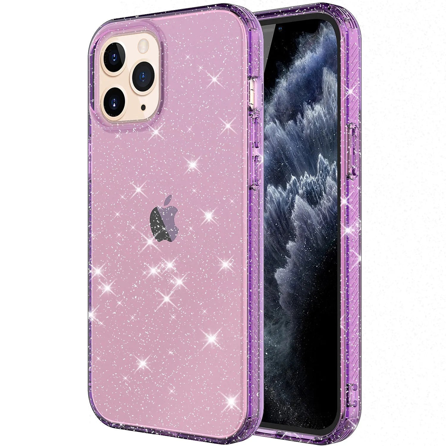 Glitter transparent TPU phone case for iPhone 12 Pro Max in pink, black, purple, and clear colours.