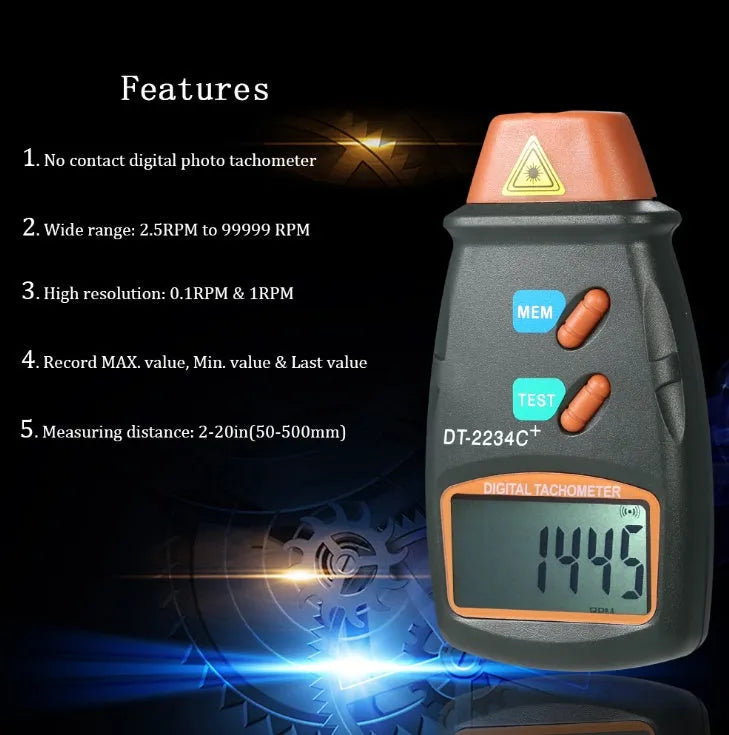 Digital tachometer in dark grey ABS plastic with 5-digit LCD display and black buttons on white background
