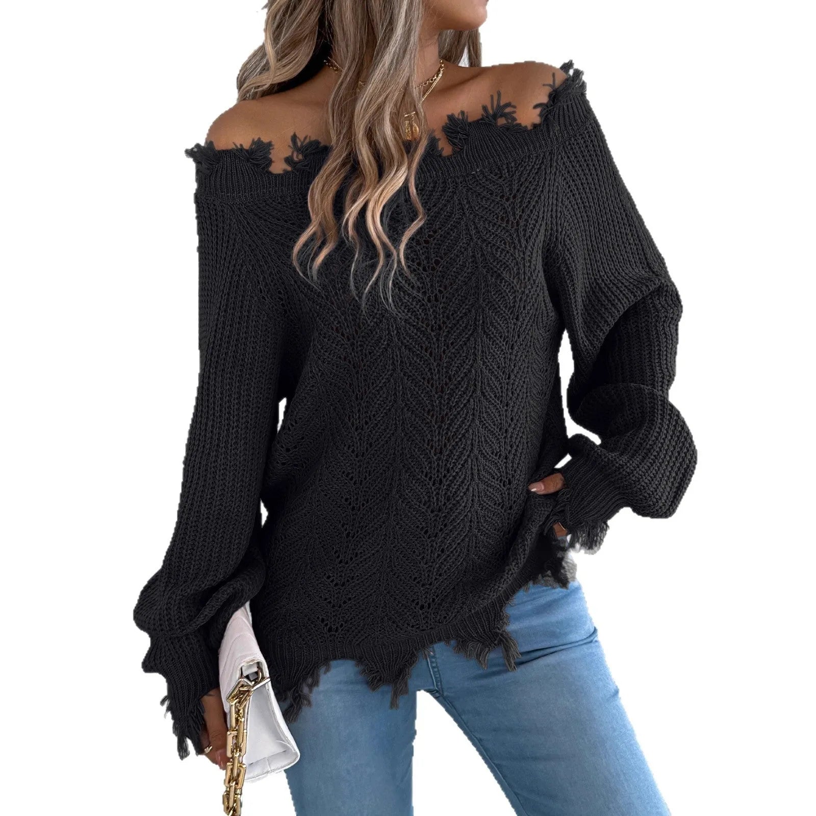 White cut-off-shoulder pullover sweater with hollow-out long sleeves on a mannequin.