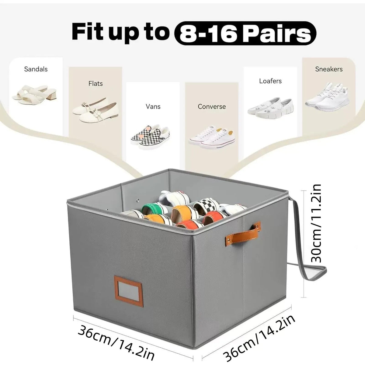 Foldable visual shoe box with grid front and lid, beige, large size 36x36x30cm
