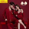 Matching red ice silk polyester sleepwear set for men and women with long sleeves and trousers