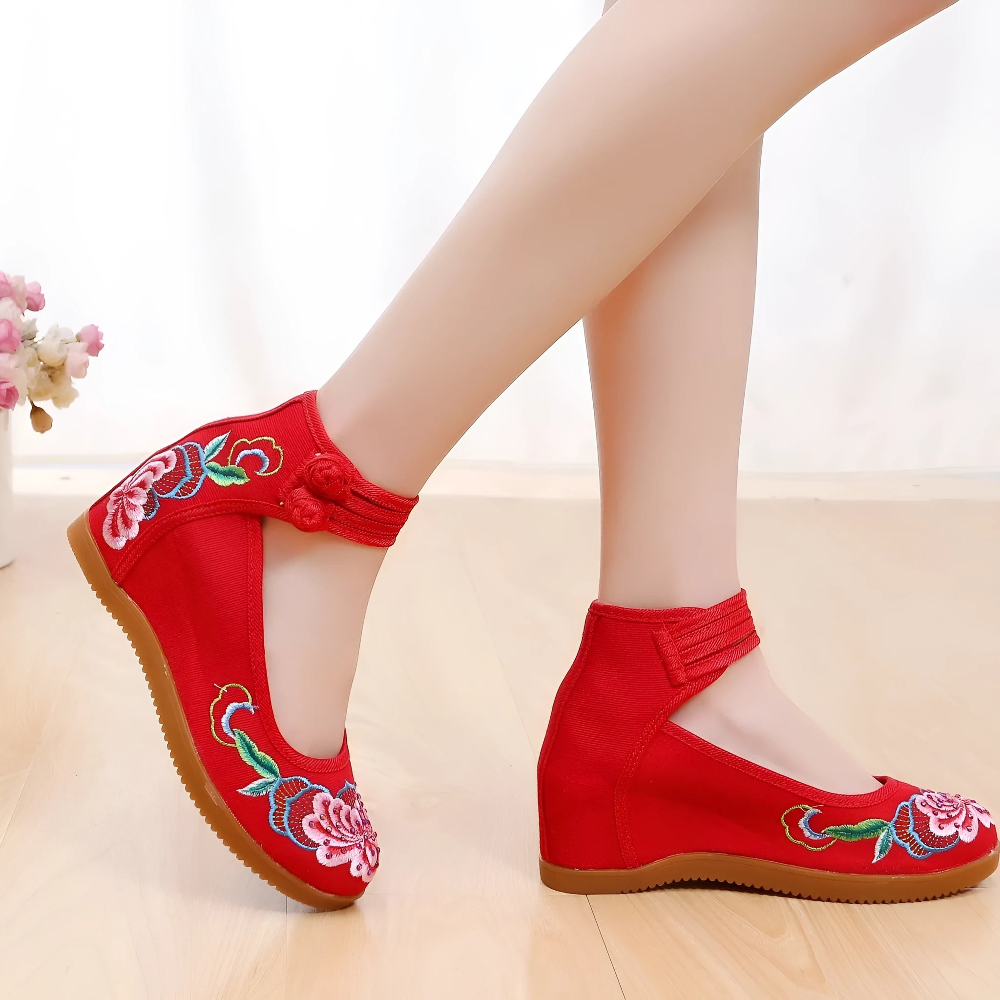 Women's rhinestone ethnic pattern double buckle canvas high heels flat heel round toe beige colour