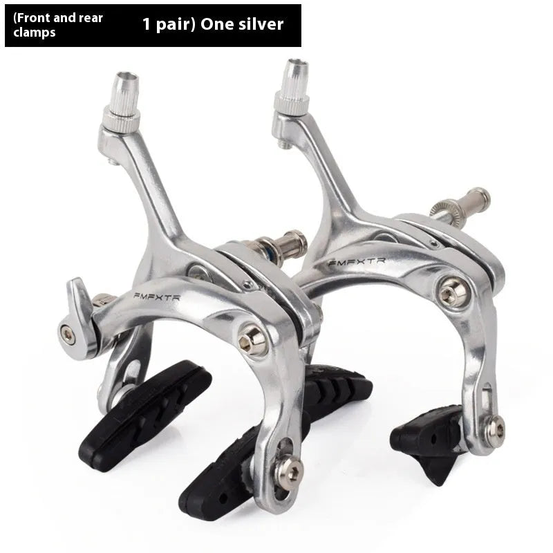 Black and silver metal bicycle brake clamps with dual-axis U-shaped design for road bike installation