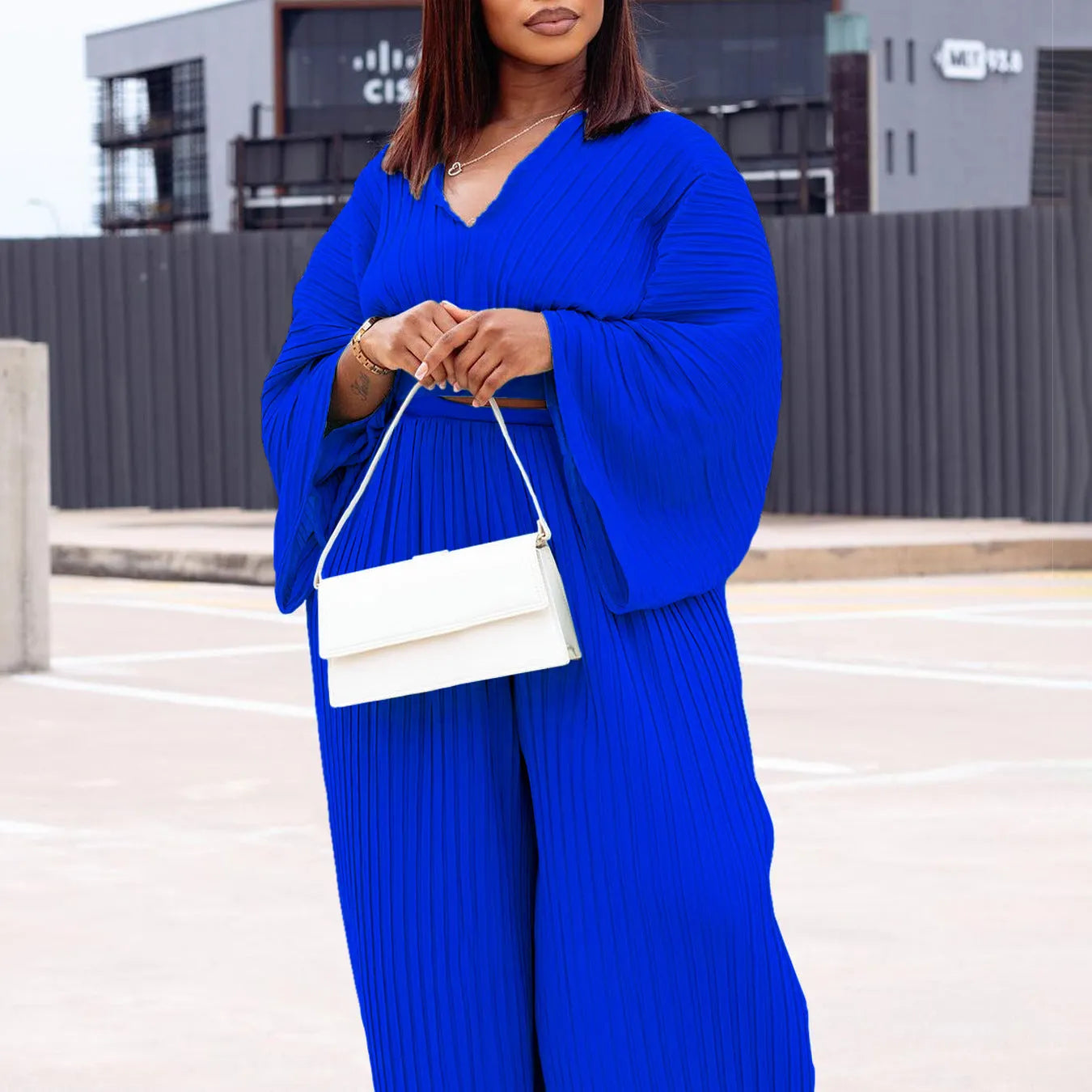 Women's African suit two-piece set with batwing sleeves and wide leg trousers in red or sapphire blue