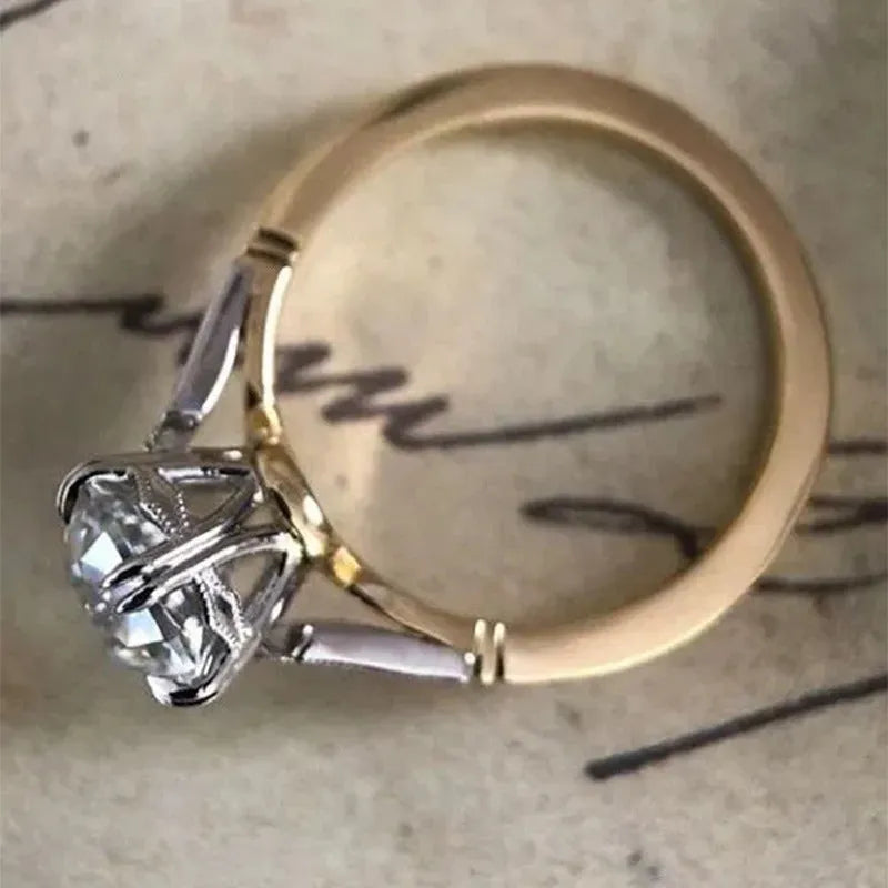 Geometric two-tone brass plated copper ring for women with inlaid zircon stone