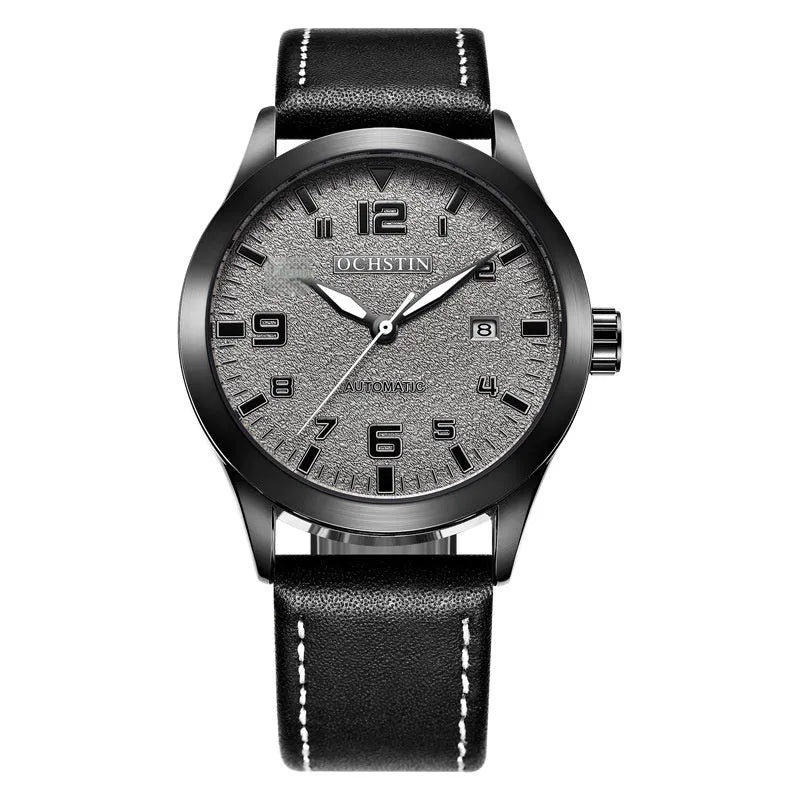 Retro leather automatic mechanical watch for men with exhibition back, 12mm slim, black shell beige dial