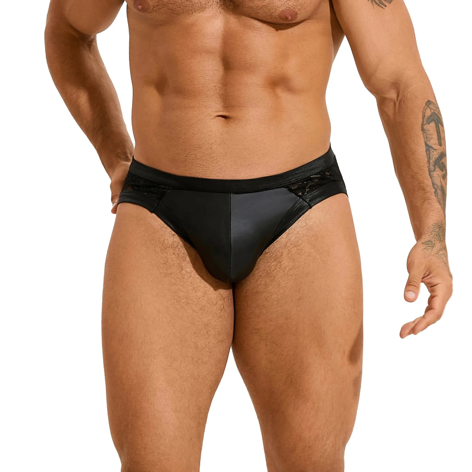Black men's briefs with faux leather stitching and lace detail on polyester fabric.
