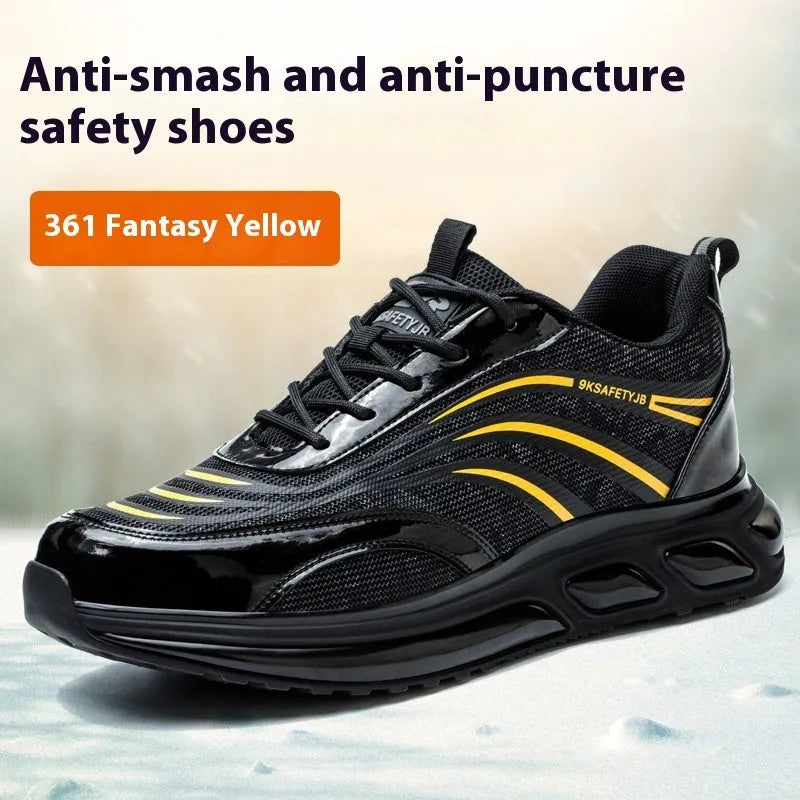Orange leather labour protection safety shoes with a rubber sole on a work site background