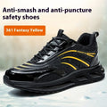 Orange leather labour protection safety shoes with a rubber sole on a work site background