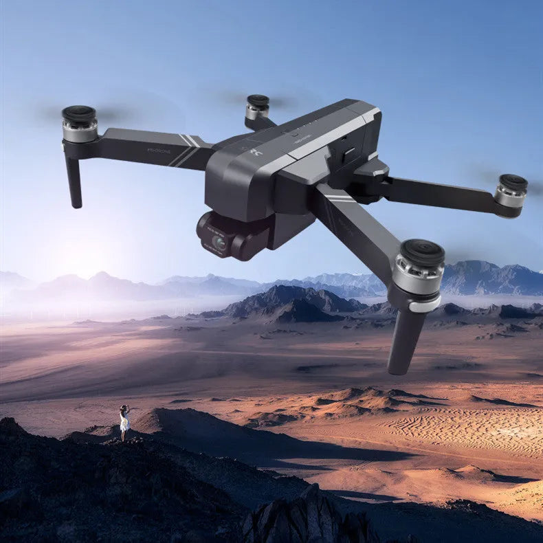 Black F11s PRO GPS folding drone with 4K camera and gimbal, shown in both expanded and compact folded sizes.