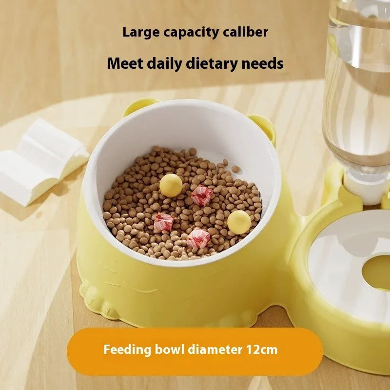 Automatic drinking pet basin with double stainless steel and ceramic bowls for cats.