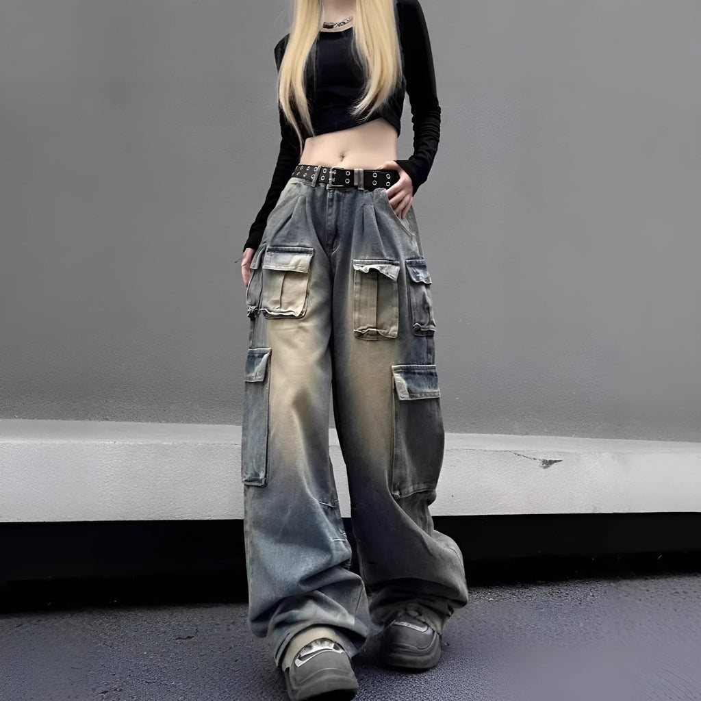 Loose-fit distressed denim pants with multiple pockets in light blue wash, straight-leg street style