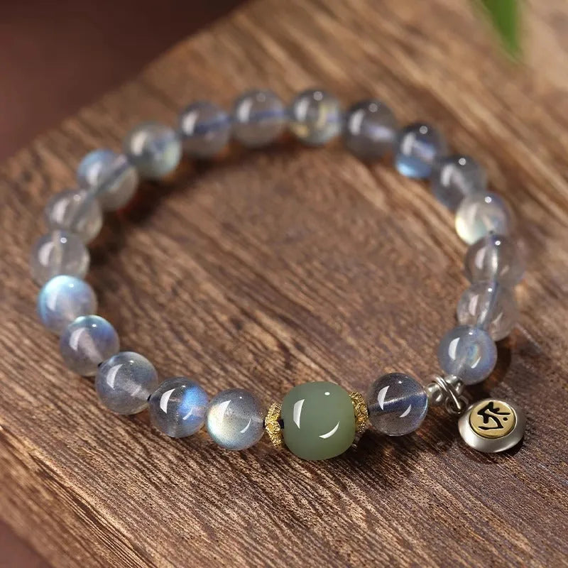 Moonstone crystal bracelet with 8mm beads showing Thousand-Hand Kwan-yin mouse design