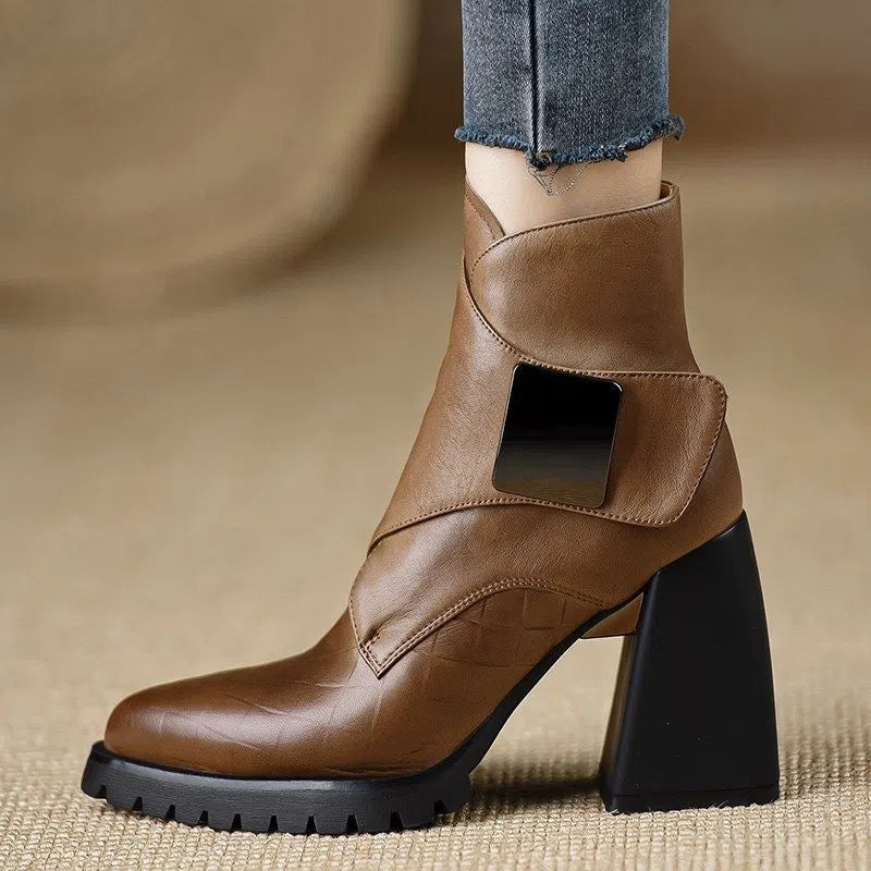 Retro chunky heel ankle boots for women with velvet lining, waterproof platform, and pointed toe in brown colour option
