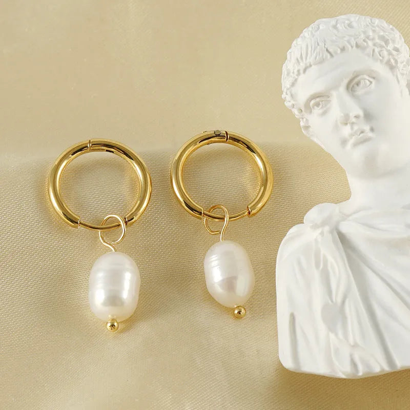 Geometric gold stainless steel earrings with pearl accents for women