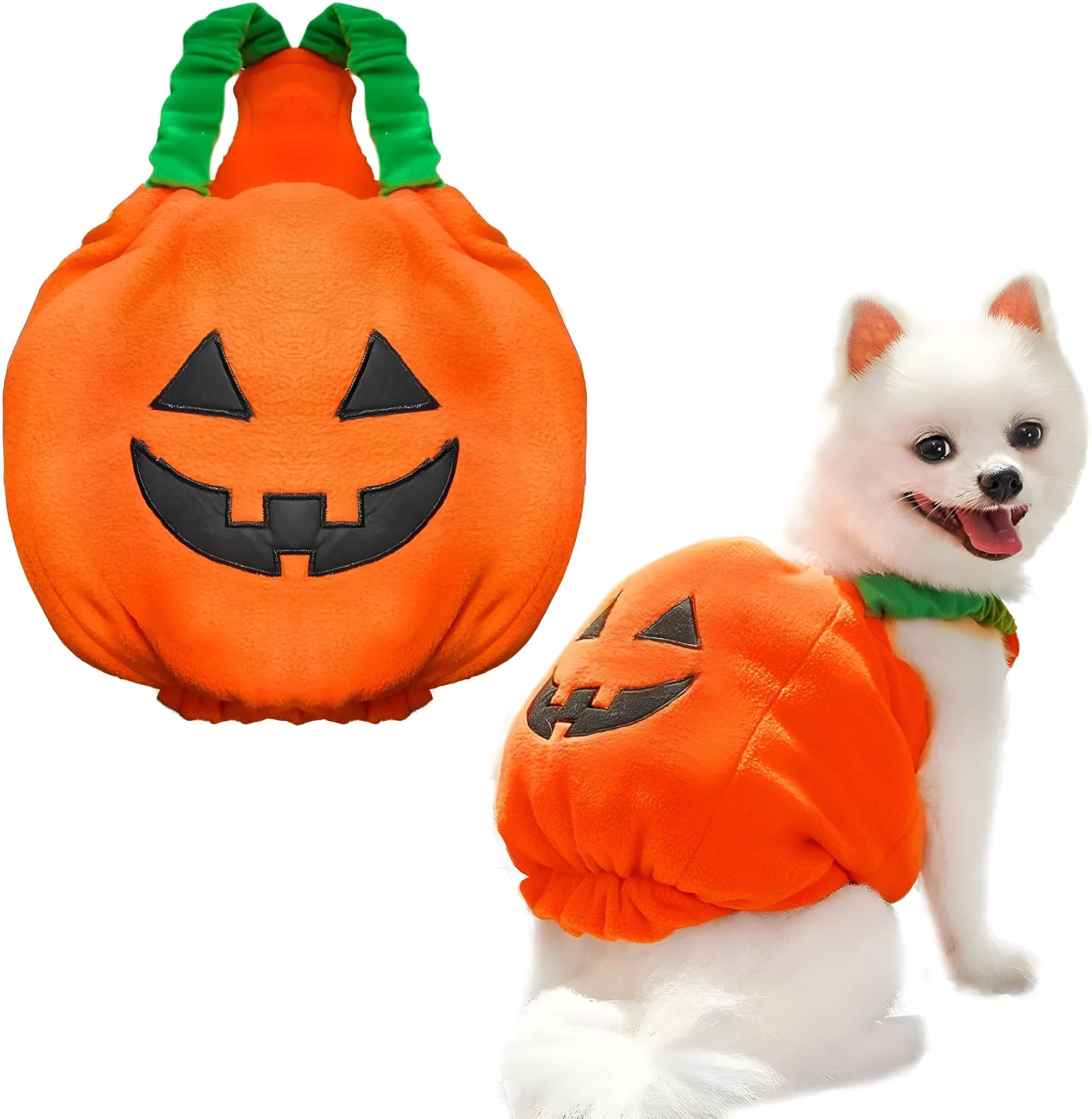 Orange pumpkin plush Halloween costume on a small dog, showing pullover design and soft fabric.