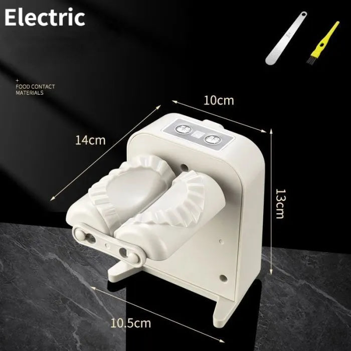 White automatic electric dumpling maker machine with charging cable, brush, and spoon.