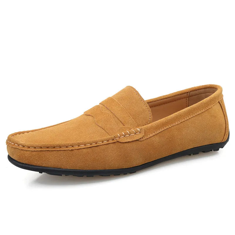 Men's suede slip-on loafers in multiple colours with round toe and rubber sole