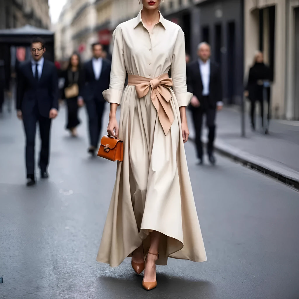 Solid colour lace-up asymmetric maxi skirt in beige, front view on model