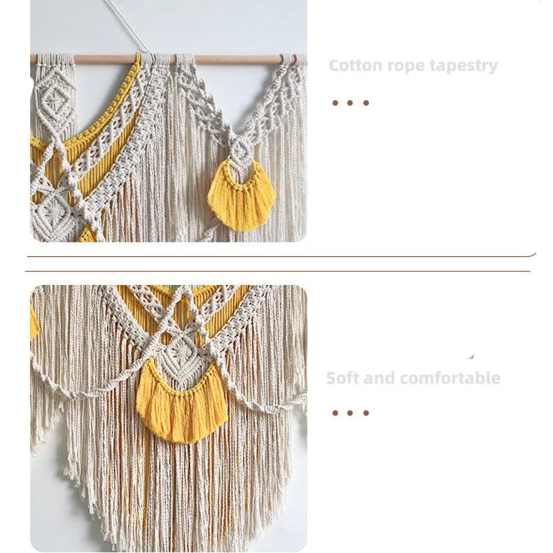 Hand-woven creamy-white cotton Nordic tapestry with yellow accents, 120cm by 95cm rectangular wall hanging.