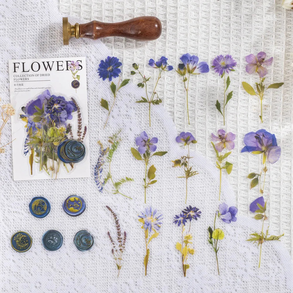Set of dried flowers artistic stickers for journal decoration showing eight colour designs on 70mm PET sheets