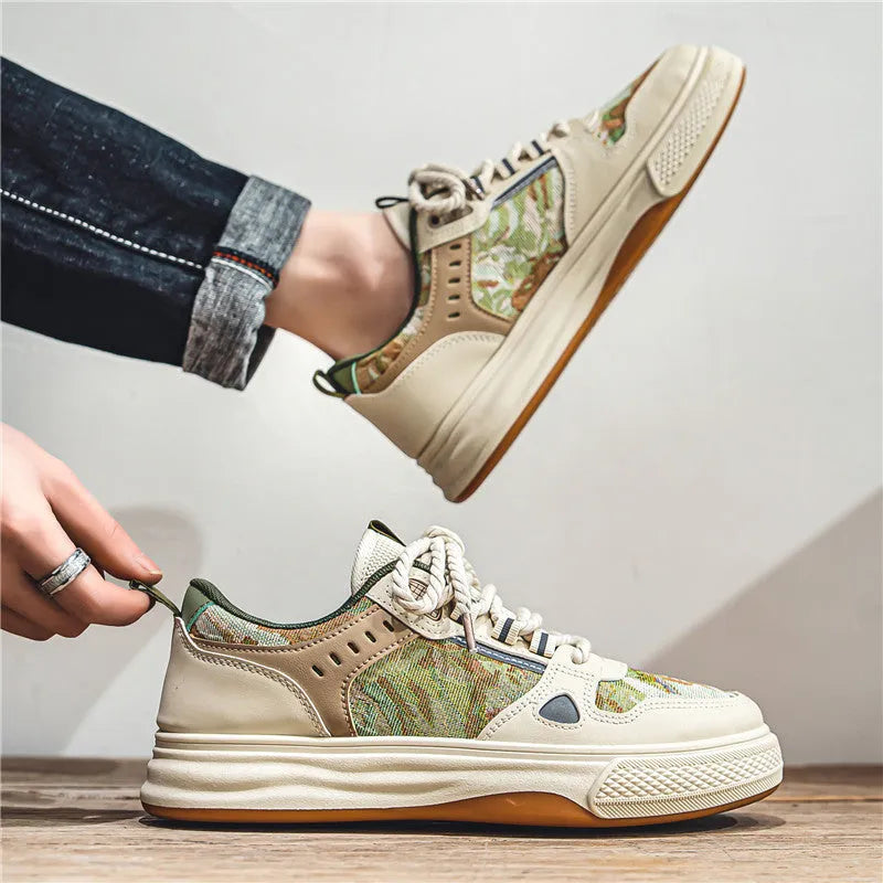 Canvas casual shoes in Milan green or beige with round toe and flat heel design