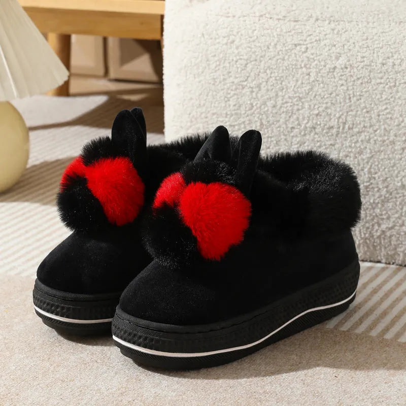 Black thick-soled high heel winter slipper with plush upper and textured TPR sole.