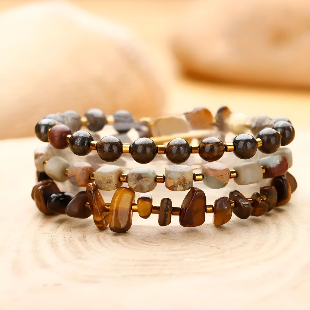 Brown Tigereye stone bracelet with bronze Glow Ball geometric charm