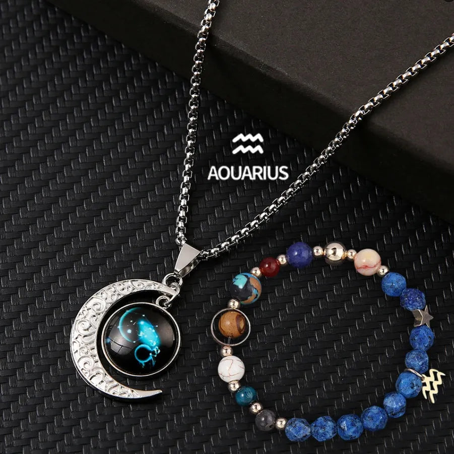 Natural stone zodiac necklace and bracelet set for all 12 star signs