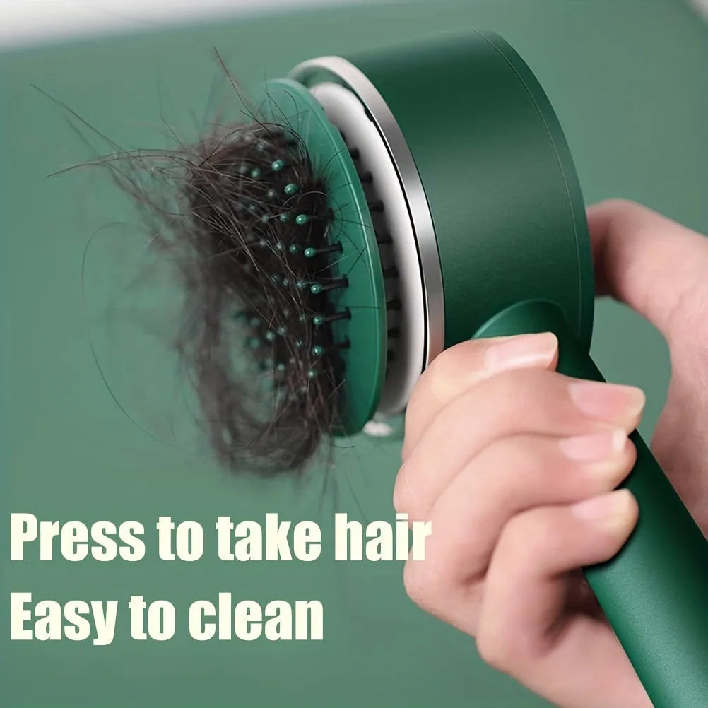 Self-cleaning hair brush for women with 3D air cushion and one-key button in green colour