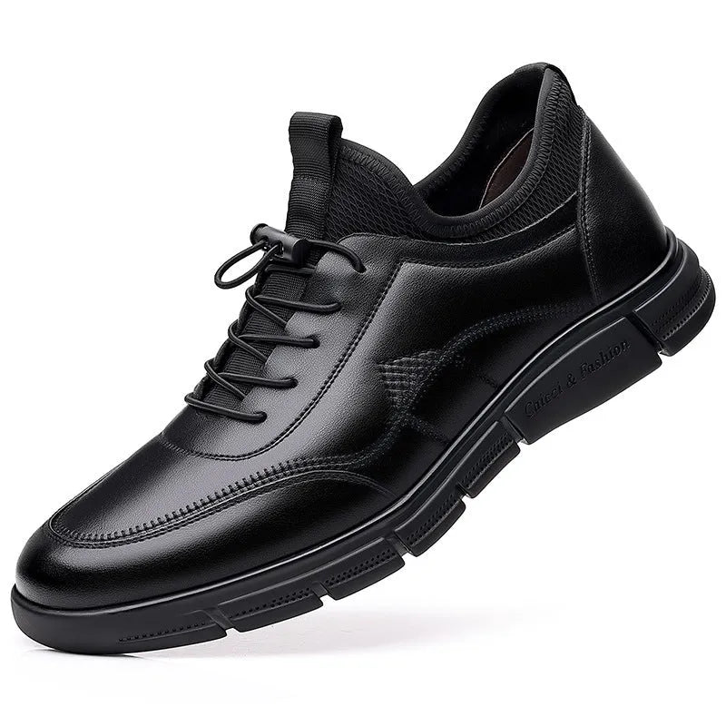 Men's black casual business shoes with cowhide leather upper and square heel