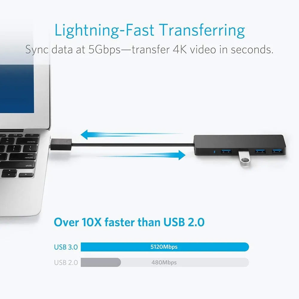 Black USB 3.0 hub with four ports, a 30cm cable, and LED status indicators next to each port.