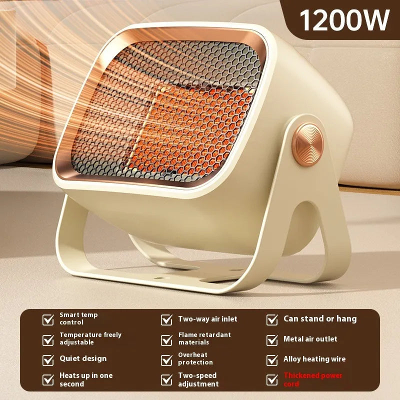 White PTC ceramic desktop heater with rotatable design showing control buttons and compact dimensions
