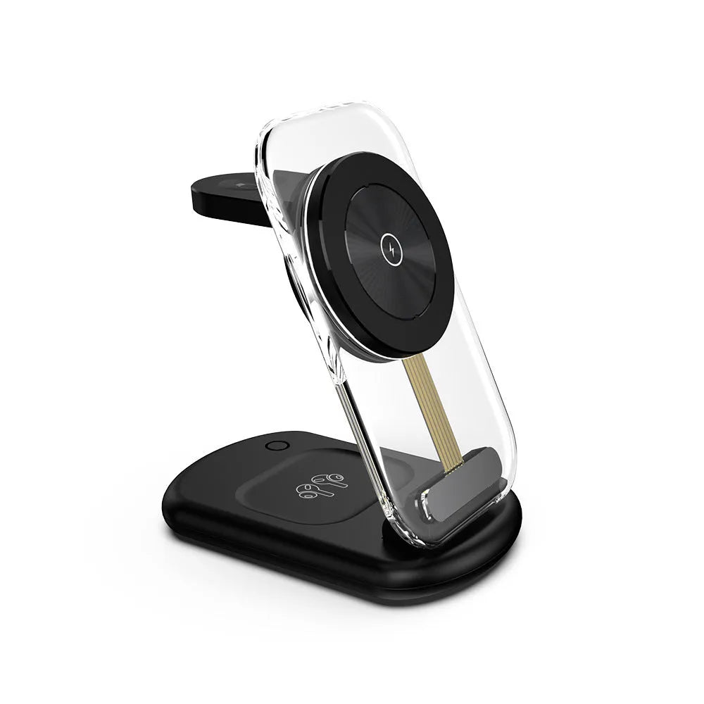 Transparent folding three-in-one magnetic wireless fast charger in black.